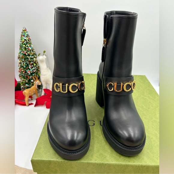 Women’s Gucci black logo leather platform boots size 39 made in Italy - Picture 1 of 11